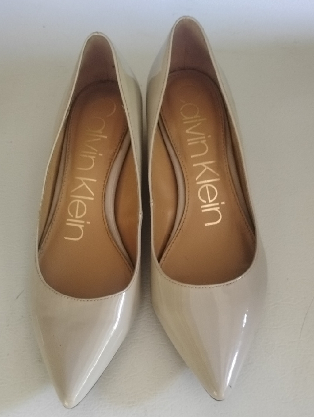 CalvinKlein Women's Patent PointedToe Wedge  Pumps Neutral Tan With GlossyFinish